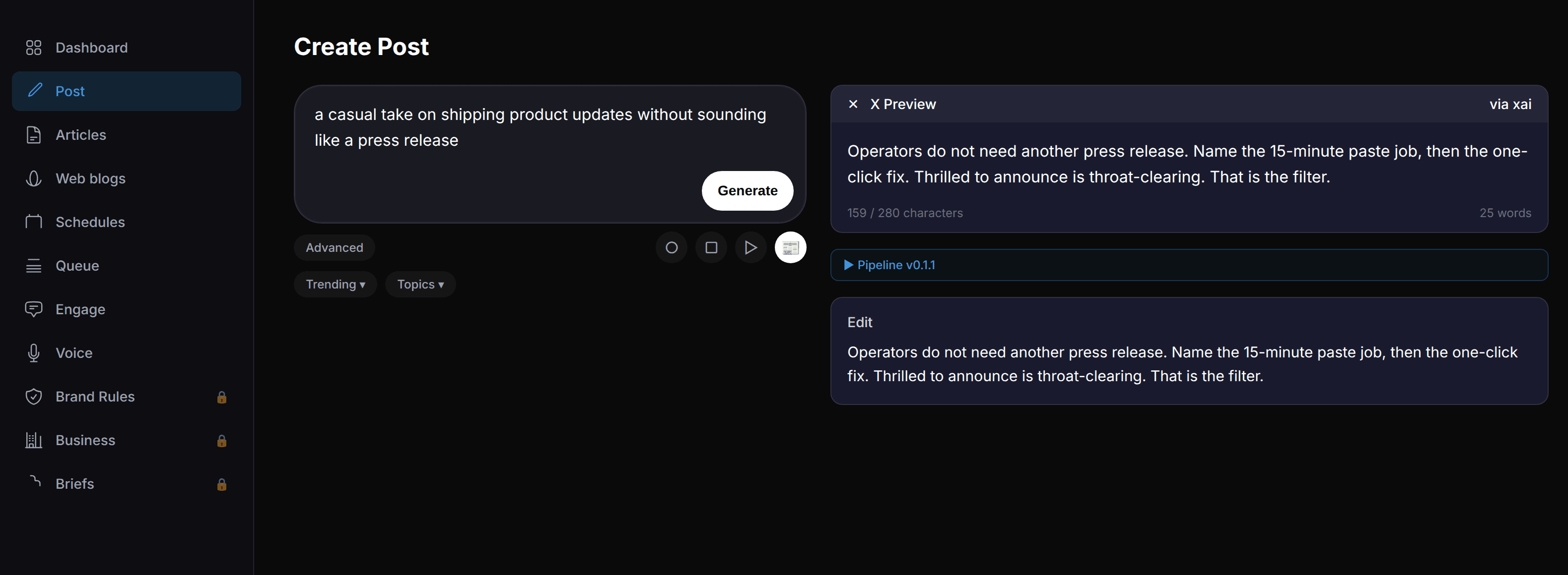 Create Post with a filled prompt and an X preview drafted in the author's voice.