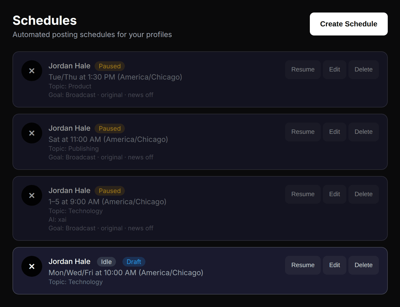 Schedules for the Jordan Hale profile: pause, edit, or resume cloud posting.